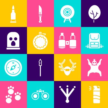 Biber gazı spreyli Ayı derisi yürüyüş sırt çantası hedef kantin su şişesi kar maskesi kurşun ve dürbün ikonu. Vektör.