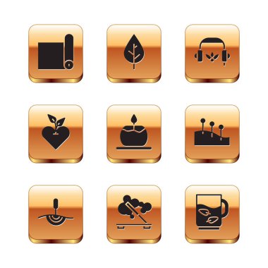 Fitness paspası rulo akupunktur terapisi kokulu spa spa çubuğu Aroma mum kalp kulaklıkları çay yaprağı ve yaprak ikonu için ayarlayın. Vektör.