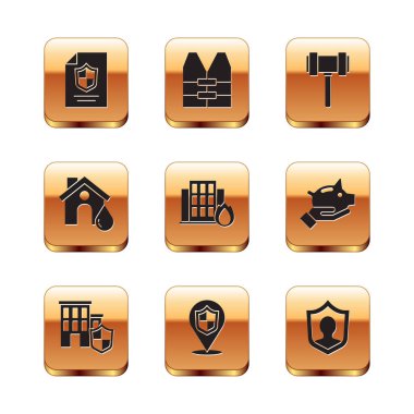 Yanan ev yangınında Shield House Konum Yangını ile kontratı hazırlayın Yargıç Gavin Life sigorta ve ceket ikonu. Vektör.