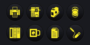 Broşür boyası kahve fincanı dosya dökümanı yazıcı mürekkep kartuşu fotokopi makinesi silindir fırçası ve simge ayarla. Vektör.