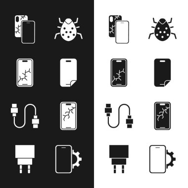 Cam ekran koruyucusu Mobil 'i USB kablo kablosu kablosu kablosu tamir servisi ve şarj simgesiyle ayarla. Vektör.