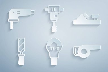 Açı öğütücü Ahşap uçak aracı Rasp metal dosya Yaprak bahçe üfleyici elektrikli el beton karıştırıcı ve yapboz simgesini ayarla. Vektör.