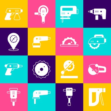 Yapı zımbası Angle Öğütücü Elektrikli elektrikli testere testere, dairesel bıçaklı boya sprey tabancası ve ikon hazırla. Vektör.