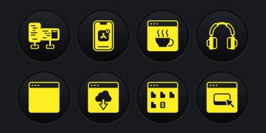 Tarayıcı pencere kulaklıklarını, Bulut teknolojisi veri transfer dosyalarını, Yazılım Mobil Uygulamalarını ve Bilgisayar monitör ekran simgesini ayarla. Vektör.