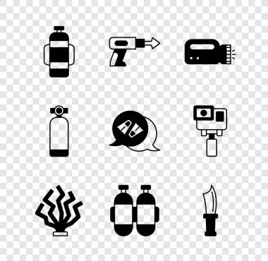 Dalgıç mercan dalış bıçağı ve yüzme ikonu için Aqualung Fishing zıpkın feneri ayarlayın. Vektör.