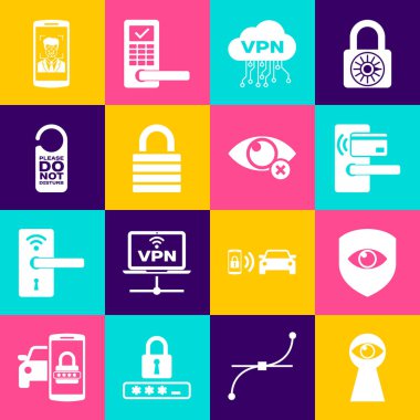 Anahtar deliğini göz kalkanı ve dijital kapı kilidi kablosuz VPN arayüz kilidi ile ayarlayın ve lütfen simgeyi bozmayın. Vektör.