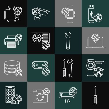 Hattı ayarla Video kamera servisi Laptop Smartwatch Klima Yazıcı TV ve Wrench simgesi. Vektör.