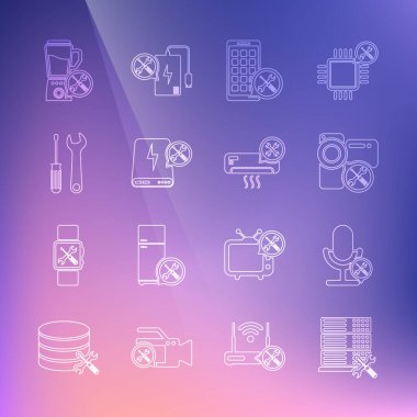 Satır veritabanı sunucu servisi Mikrofon Video kamera Mobil Apps Power Bank tornavida ve ingiliz anahtarı karıştırıcı ve klima simgesini ayarla. Vektör.