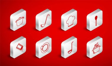 Mutfak kepçesi, aşçı şapkası, bulaşık fırçası, tuz ve biber ikonu. Vektör.