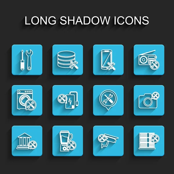 Установить Линию Банк Здание Службы Blender Отвертки Гаечный Ключ Камеры — стоковый вектор