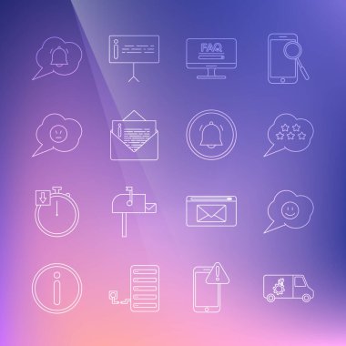 Gülümseyen gülümsemeli araba servisi konuşma baloncuğunu ayarla. Beş yıldızlı değerlendirme değerlendirmesi Monitor SQ bilgisi Zarfı kızgın sohbet bildirimi ve düğme simgesi. Vektör.