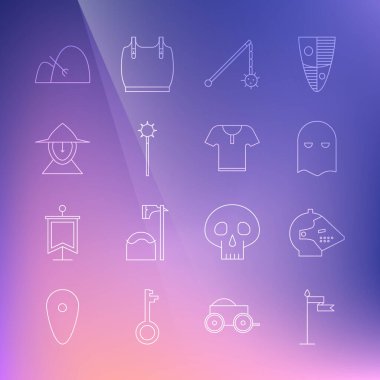 Ortaçağ demir miğferi, cellat maskesi, saman ve tırmık topları ve vücut zırhı ikonu. Vektör.