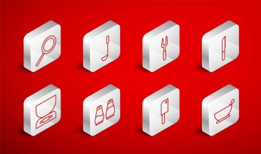 Mortar ve Pestle Kitchen kepçesi ızgara çatalı ekmek bıçağı et doğrayıcı tava tuzu biberi ve elektronik ölçekli ikon. Vektör.