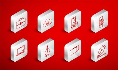 Satır Çeşmesi kalem ucu Bulut indirme ayarlarını akıllı telefon Smartwatch ayarlarına ayarla Chat Toolbox ve laptop ve dişli simgesi. Vektör.