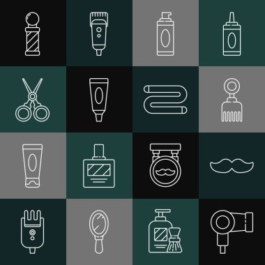 Saç kurutma makinesi Bıyık fırçası tıraş jeli köpüğü veya losyon kozmetik tüp makas klasik berber dükkânı direği ve havlu ikonu. Vektör.