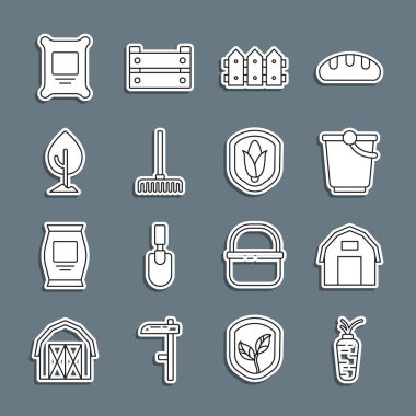 Havuç Çiftliği Evi Kova Bahçesi ahşap tırmık ağacı gübre torbası ve Kalkan mısır ikonu. Vektör.