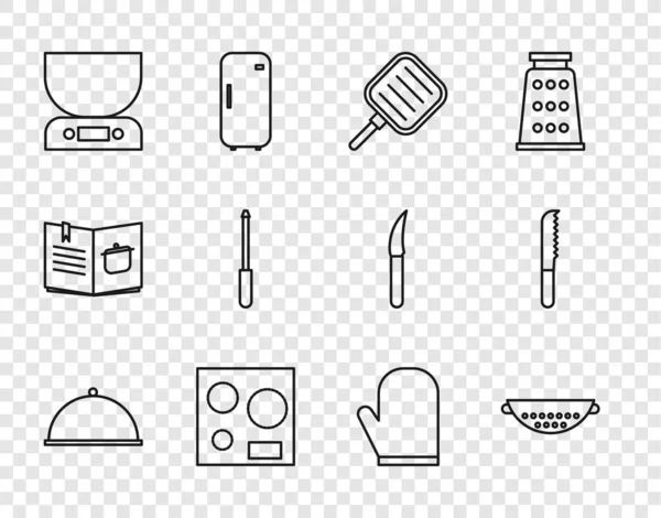 设置线覆盖托盘厨房菜刀烧锅电炉电子秤刀具烤炉手套和面包刀图标 — 图库矢量图片