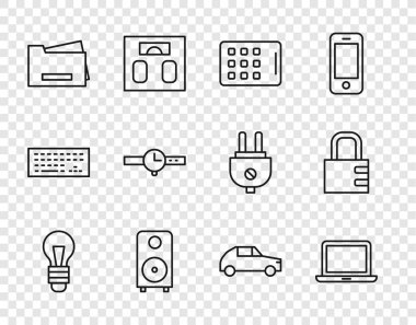 Satır Ampul Laptop Tablet Tablet Stereo Yazıcı Bilekliği Otomobil ve Güvenli kombinasyon kilit simgesini ayarla. Vektör.