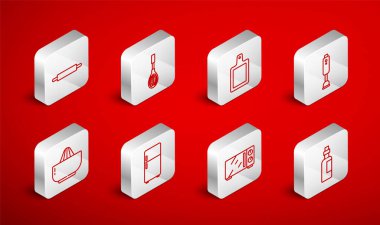 Bir şişe zeytinyağı mutfak çırpıcı mikro dalga fırın merdane merdanesi merdane ve meyve suyu ikonu ayarla. Vektör.