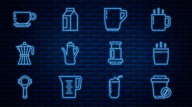 Kahve fincanını Teapot Moca Aeropress kahvesi ve Bag fasulyesi ikonu yapacak şekilde ayarla. Vektör.