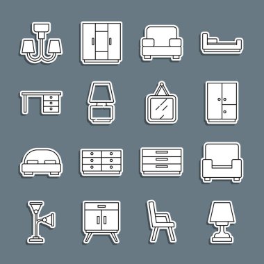 Masa lambası Kol Koltuğu Gardırop Ofisi masası Avize ve Ayna simgesini ayarla. Vektör.