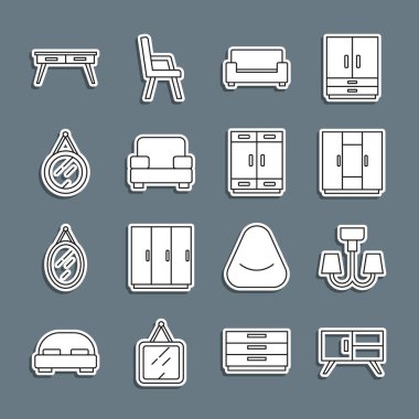 Çekmece sandığı, Chandelier Gardırop Koltuk Ayna Ofisi masası ve ikonu ayarla. Vektör.