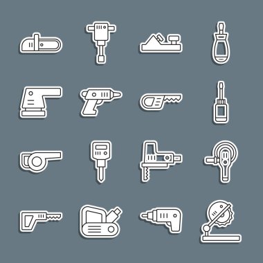 Ahşap Angle Öğütücü Tornavida Tahta Uçak Aracı Elektrikli Kablosuz Tornavida Testere ve Karşılaştırma simgesi için masa testeresi ayarlayın. Vektör.