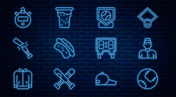 Beyzbol oyuncusu Hotdog sandviçi kırık beyzbol sopası mekanik skorbordu ve bira ikonu. Vektör.