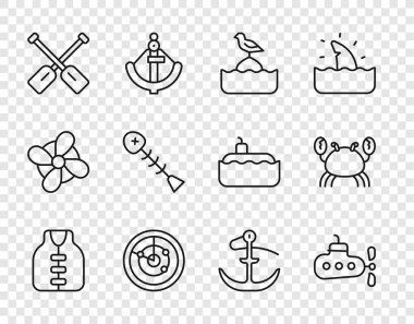 Life ceketli denizaltı martı, hedef kitle ölü balık Anchor ve yengeç ikonu ile şamandıra radarında oturuyor. Vektör.