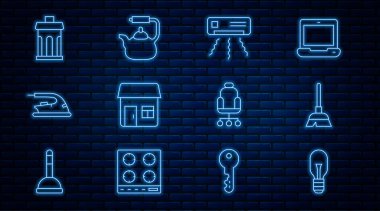 Ampul sapı süpürge sapı klima evi elektrikli demir teneke kutu ofis sandalyesi ve ikonlu kettle hattını ayarla. Vektör.