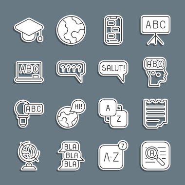 Satır Çeviricisi Notebook Öğrenme yabancı diller Yeni sohbet mesajları bildirim Konuşma baloncukları Sorgu tahtası mezuniyet başlığı ve Salut farklı simgesi ile ayarlayın. Vektör.