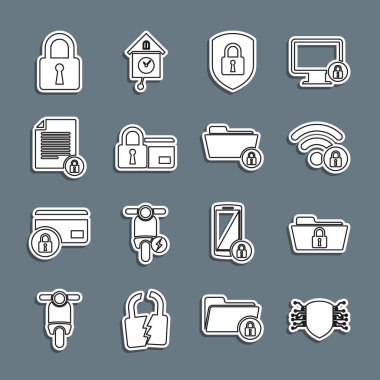 Siber güvenlik dizinini ayarla ve Wifi 'yi Credit card Doküman Kilidi ve simgesi ile kilitle. Vektör.