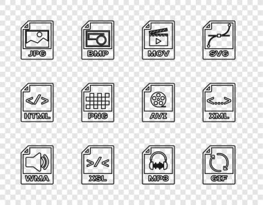 WMA dosya belgesi GIF MOV XSL JPG PNG MP3 ve XML simgesini ayarla. Vektör.