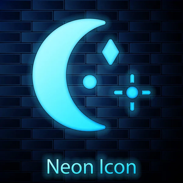 Leuchtender Neon Mond Und Sterne Ikone Isoliert Auf Backsteinwand Hintergrund — Stockvektor