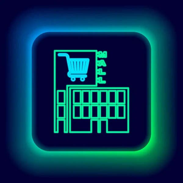 Gloeiende Neon Lijn Winkelcentrum Supermarkt Gebouw Met Winkelwagentje Pictogram Geïsoleerd — Stockvector