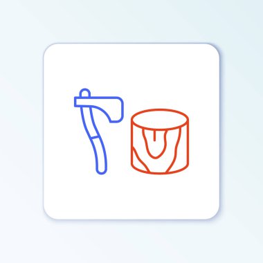 Kütük simgesindeki tahta balta beyaz arkaplanda izole edilmiş. Oduncu baltası. Balta tahtaya saplanmış. Odun kesiyorum. Renkli taslak konsepti. Vektör