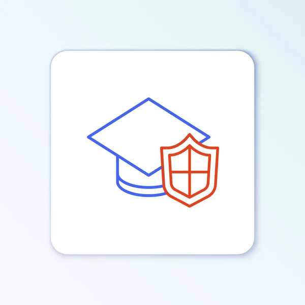 Line Graduation Cap Mit Schildsymbol Isoliert Auf Weißem Hintergrund Versicherungskonzept — Stockvektor