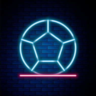 Parlayan neon hattı futbol topu ikonu tuğla duvar arkasında izole edildi. Spor malzemeleri. Renkli taslak konsepti. Vektör