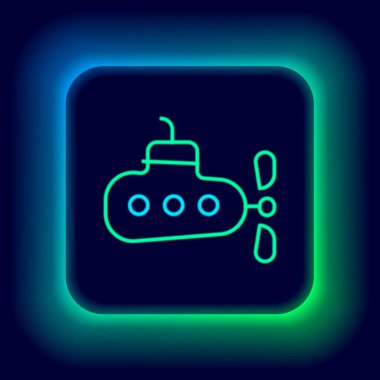 Parlayan neon hattı denizaltı simgesi siyah arkaplanda izole edildi. Askeri gemi. Renkli taslak konsepti. Vektör