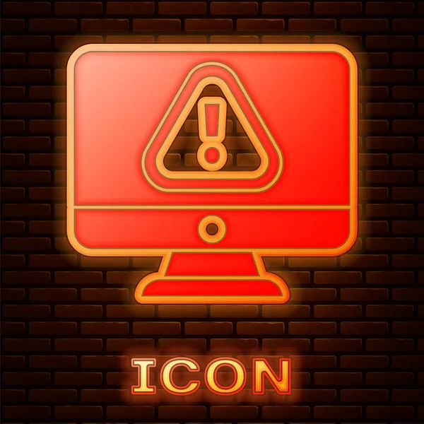 Glowing Neon Computer Monitor Exclamation Mark Icon Isolated Brick Wall — 스톡 벡터