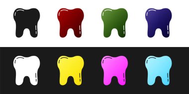 Diş simgesini siyah beyaz arkaplanda izole et. Diş hekimliği kliniği veya diş hekimliği merkezi ve diş macunu paketi için diş sembolü. Vektör.