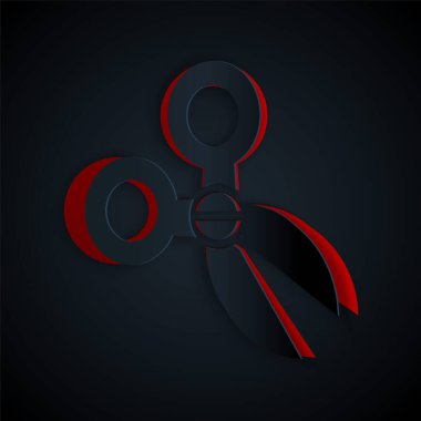 Kağıt kesiği makas simgesi siyah arkaplanda izole edildi. Alet kesme işareti. Kağıt sanatı tarzı. Vektör.