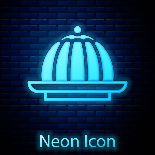 Zářící Neon Puding Pudink Karamelovou Polevou Ikona Izolované Cihlové Zdi — Stockový vektor