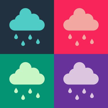 Renk arkaplanında yağmur ikonu olan pop sanat bulutu. Yağmur damlaları ile yağmur bulutu yağışı. Vektör