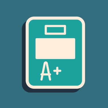 Yeşil arka planda A artı not simgesine sahip yeşil sınav kağıdı. Sınav kağıdı, sınav ya da araştırma konsepti. Sınav ya da sınav. Uzun gölge tarzı. Vektör