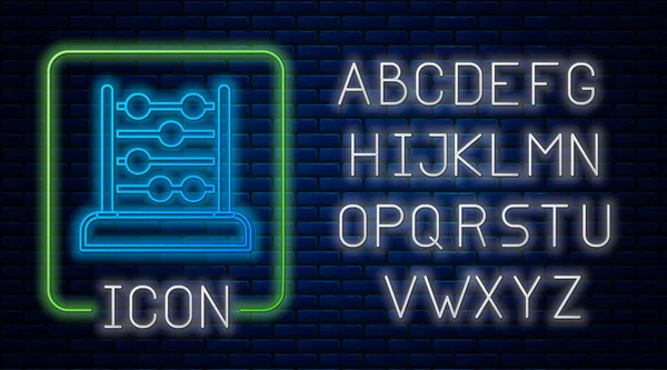 Zářící Neon Abacus Ikona Izolované Cihlové Zdi Pozadí Tradiční Počítací — Stockový vektor