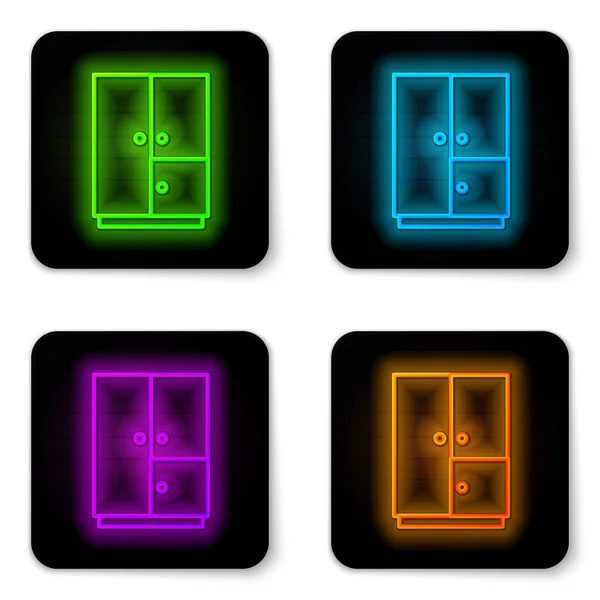Glowing Neon Line Wardrobe Icon Isolated White Background Black Square — Stock Vector