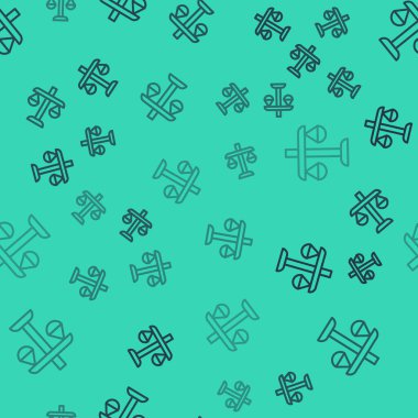 Adalet simgesinin siyah çizgisi yeşil arka planda izole edilmiş kusursuz desen. Hukuk mahkemesi sembolü. Denge tabelaları. Vektör.