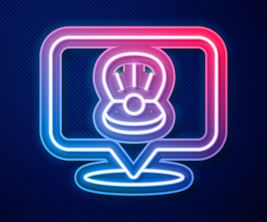 Parlayan neon hattı Scallop deniz kabuğu simgesi mavi arkaplanda izole edildi. Deniz kabuğu işareti. Vektör.
