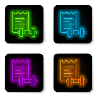 Parlayan neon hattı spor eğitim programı veya fitness planı simgesi beyaz arkaplanda izole edildi. Siyah kare düğme. Vektör.